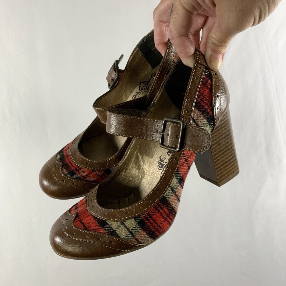 MUDD Womens Y2K Academia Plaid Mary Jane Chunky Block Heels Size 6.5 Schoolgirl